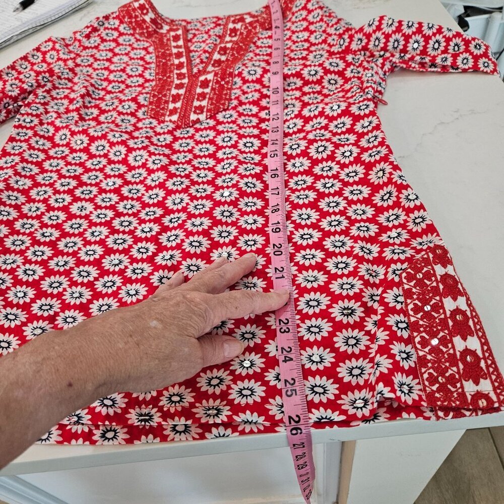 Tory Burch Red Jayne Mod Flower-Print Sequin Lace Tunic Size 8 Boho - Picture 10 of 11